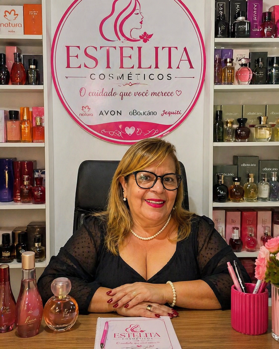 Estelita, fundadora da Estelita Cosméticos, em sua loja
