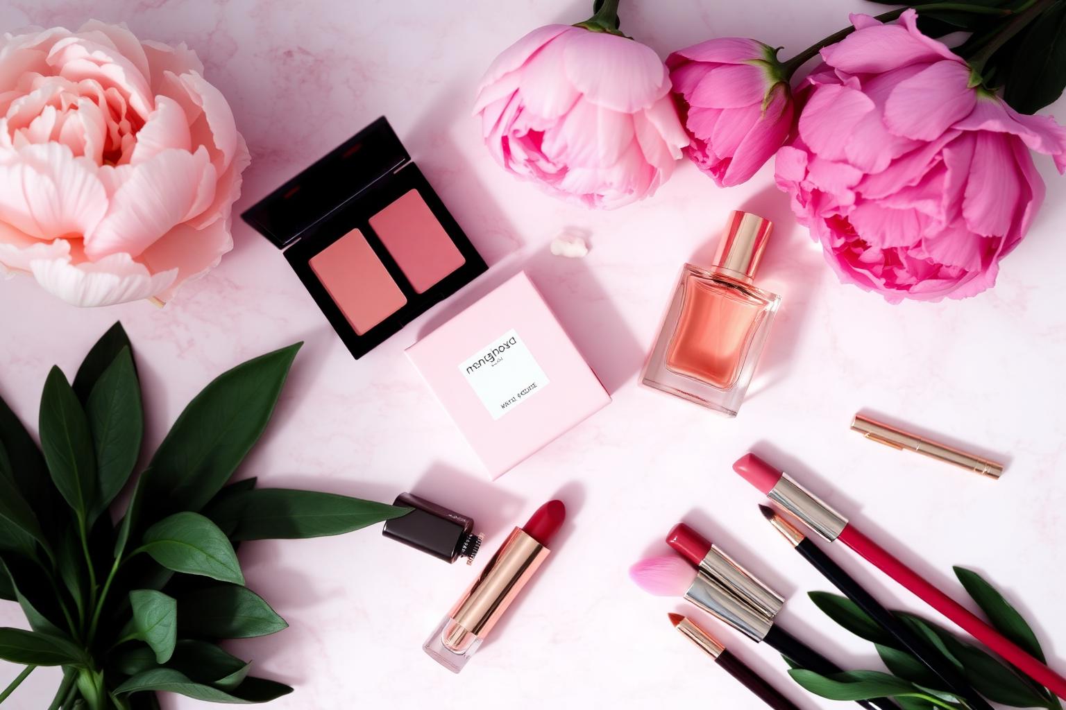 Produtos de cosméticos rosa em mármore com peônias
